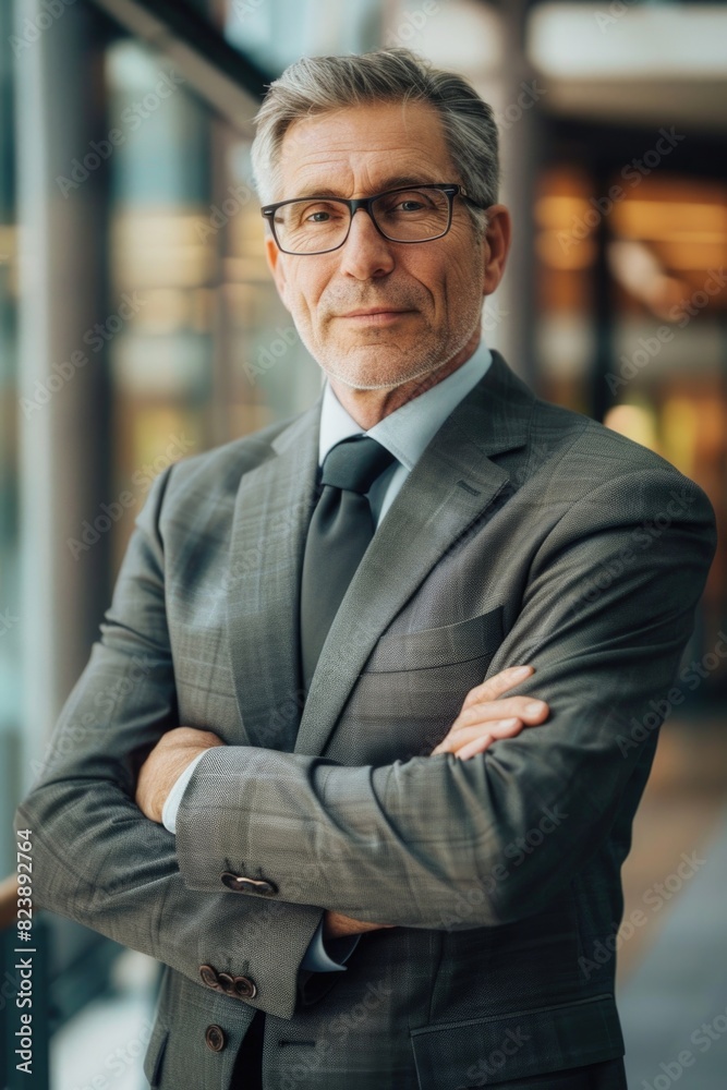 Poster a man in a suit and tie posing for a professional picture. suitable for business and corporate conce