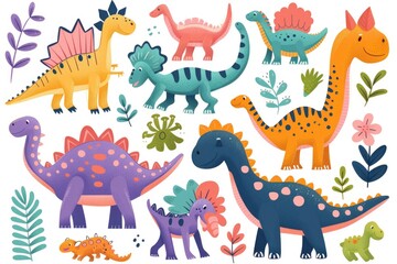 A group of colorful cartoon dinosaurs surrounded by lush plants. Perfect for educational materials or children's products