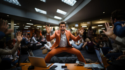 A lively male presenter in an orange suit gestures excitingly at a creative workshop with a participative audience