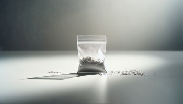 Sealed Plastic Bag of White Powder on a Table in Spotlight