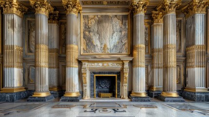 A large room with gold pillars and a fireplace
