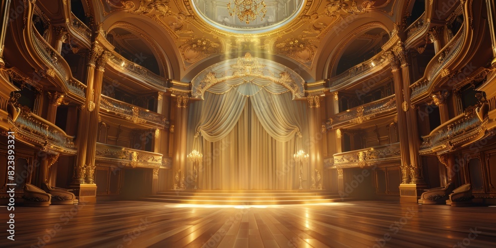 Poster a large room with a ceiling and a chandelier. perfect for interior design projects