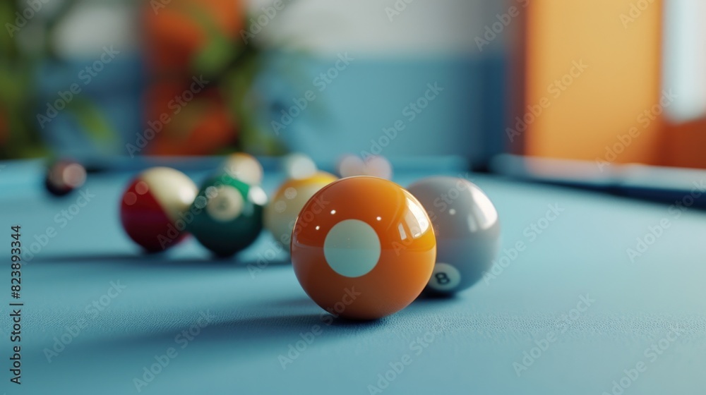 Poster A pool table with several pool balls, perfect for sports and leisure concepts