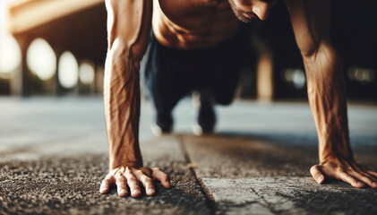 Fototapeta premium Man Doing Push Ups on Ground