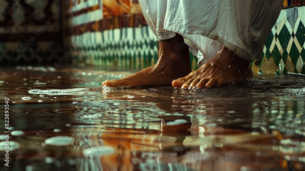 Poster a person standing in a puddle of water, suitable for various concepts and themes