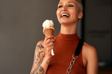 Woman, ice cream and excited in city, summer and holiday with fashion, happy and memory on...