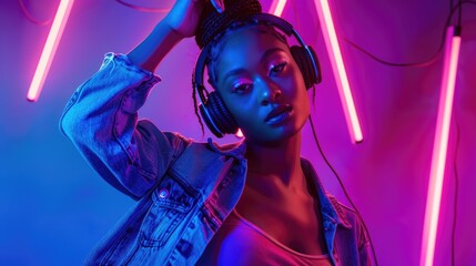 A woman standing in front of neon lights with headphones. Ideal for music and nightlife concepts