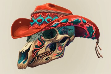 A skull wearing a red cowboy hat, perfect for western-themed designs