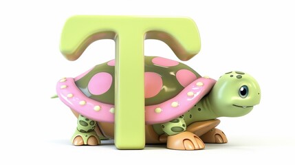 A turtle is standing in front of the letter T