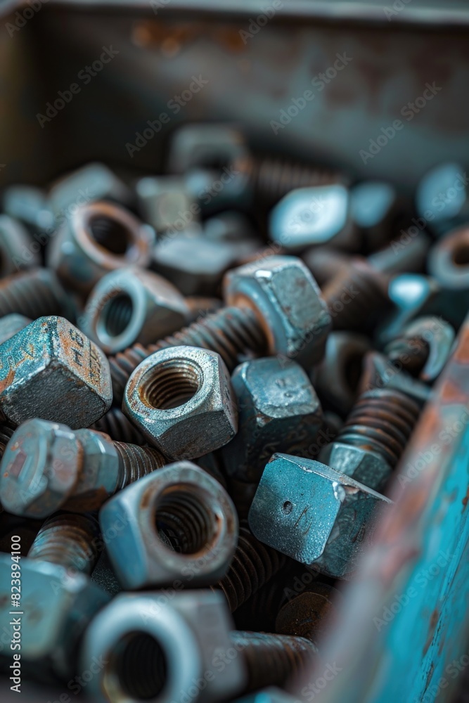 Sticker Various nuts and bolts neatly organized in a box. Perfect for construction projects