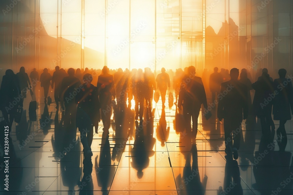 Poster a large group of people walking through a building. suitable for business or team building concepts
