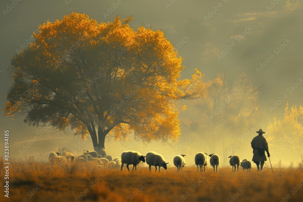 Poster herd of sheep standing on top of a grass covered field. suitable for agricultural and nature themes