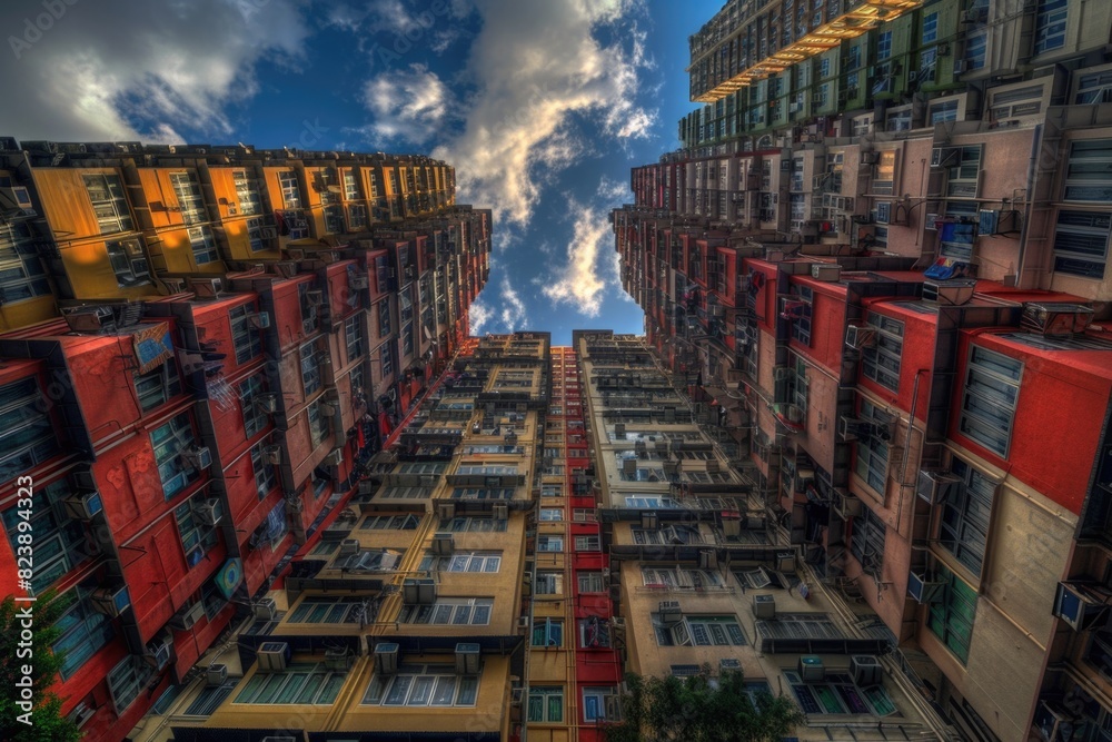 Poster A very tall building with multiple windows. Suitable for architectural and urban concepts