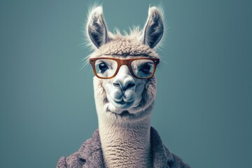A llama wearing stylish glasses and a cozy sweater, perfect for animal lovers or humorous content