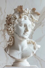 A statue of a woman with grapes on her head. Suitable for wine or mythology themes