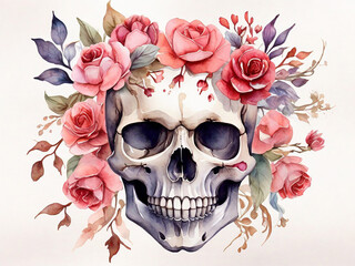 Watercolor Valentines Skull with Flowers