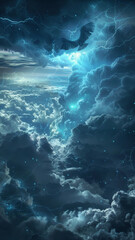 Eagle soaring amidst stormy clouds - A majestic eagle flies through electric-blue storm clouds, lightning crackling around