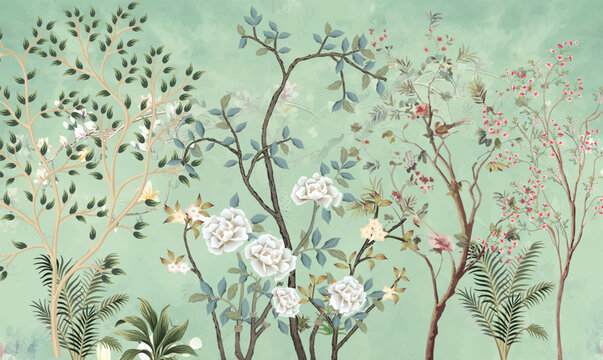 Tropical jungle wallpaper bird, Banana leaves Tropical leaves wallpaper for digital printing. Exotic jungle wallpaper.