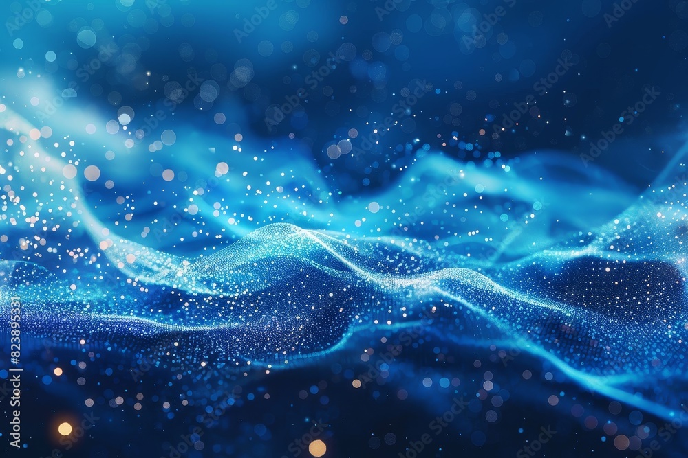 Wall mural abstract blue color digital particles wave with bokeh and light background