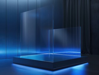 display case tempered glass, stage platform, minimalist background