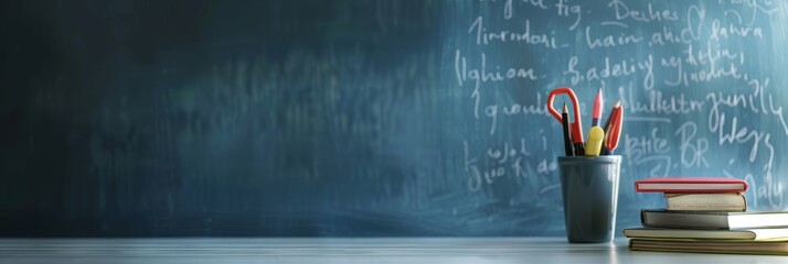 Scenic image of desk with books and chalkboard - A tranquil and spacious setting with books, a holder with pencils and scissors on a desk, and a blurred chalkboard in the background