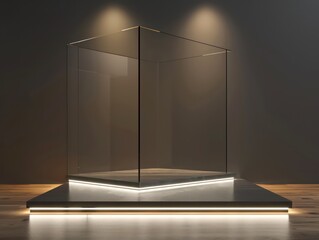 display case tempered glass, stage platform, minimalist background