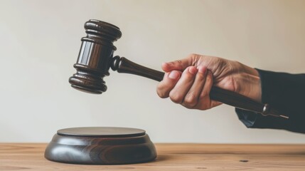 A hand of a judge holding a wooden gavel above a sounding block on a desk, ready to deliver a verdict in a courtroom.