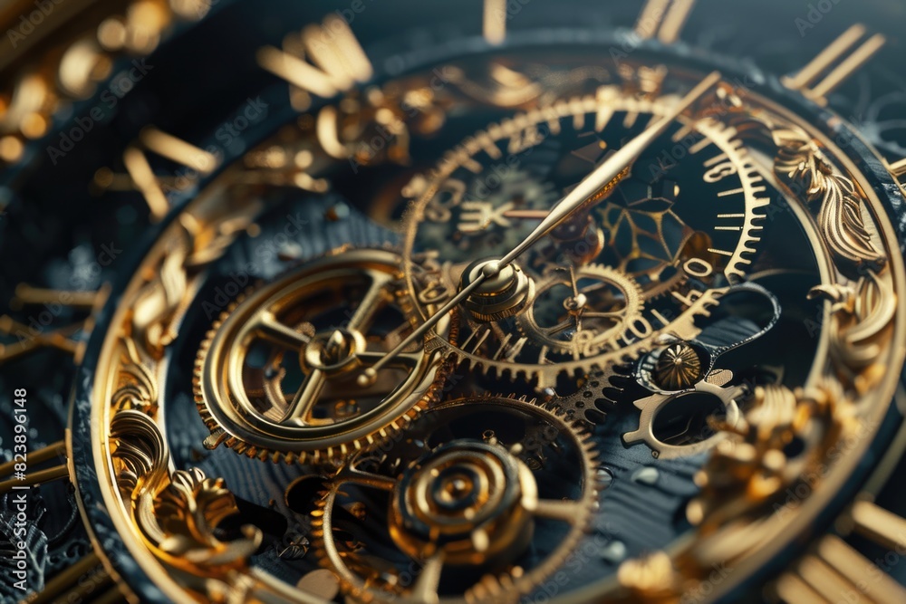 Poster detailed view of a clock with gold gears, perfect for business or time management concepts