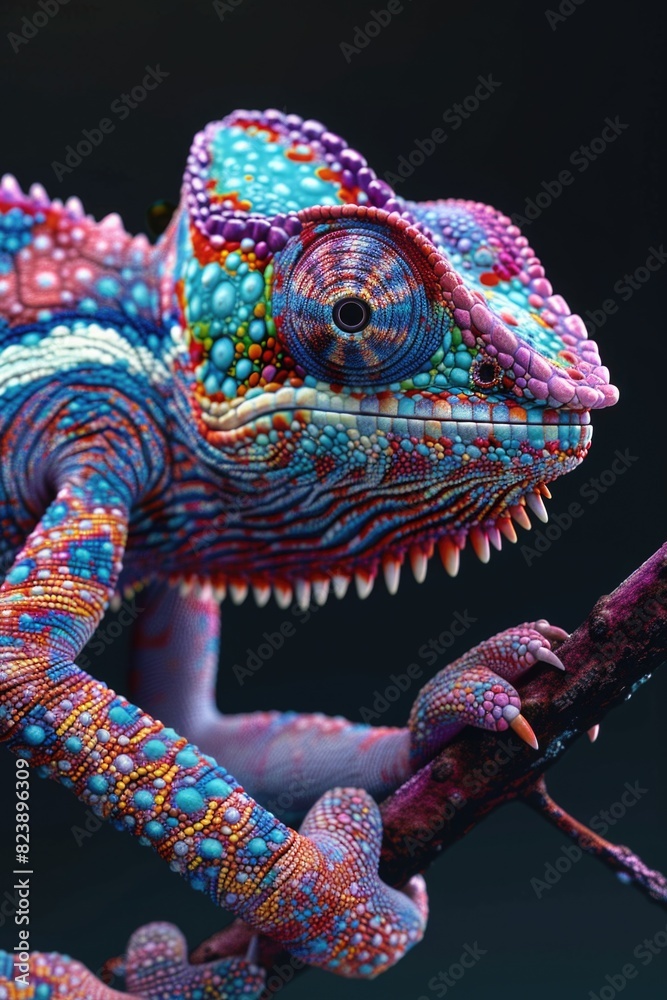 Poster a vibrant chameleon perched on a tree branch. perfect for nature and wildlife themes