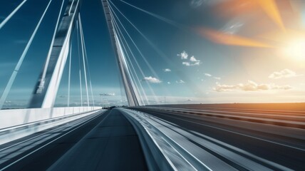 Modern bridge with motion blur and sun flare.