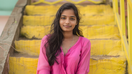 A woman in a pink shirt is sitting on a yellow staircase
