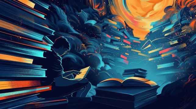 Surreal illustration of a figure among books - A visually striking digital illustration of a silhouette among stacks of books with a cosmic backdrop