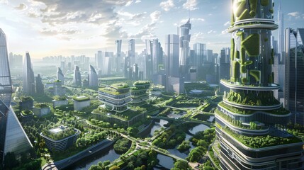 A futuristic cityscape with gleaming skyscrapers, extensive green roofs, and vertical gardens, demonstrating a harmonious blend of advanced urban development and nature.