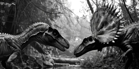 Two dinosaurs standing together in a forest. Suitable for educational materials