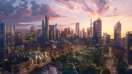 A vibrant cityscape at sunset, where modern high-rises blend with historic buildings, and green...