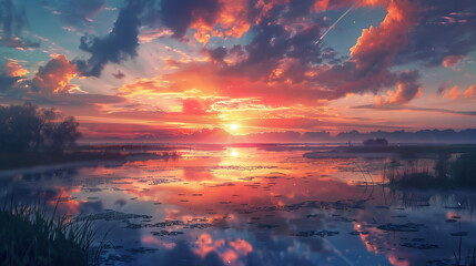 A beautiful sunset over the marsh, with clouds reflecting in the water, in the style of anime