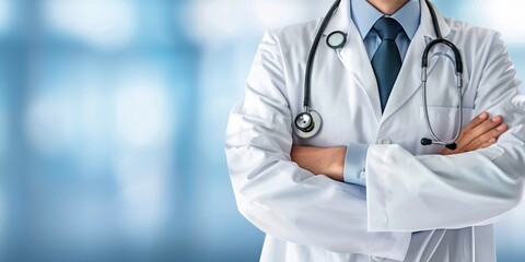 Doctor in a white lab coat with a stethoscope around the neck, arm crossed
