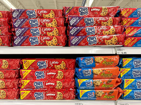 Chips Ahoy chewy chocolate chip cookies on a shelf for sale at Meijer grocery store