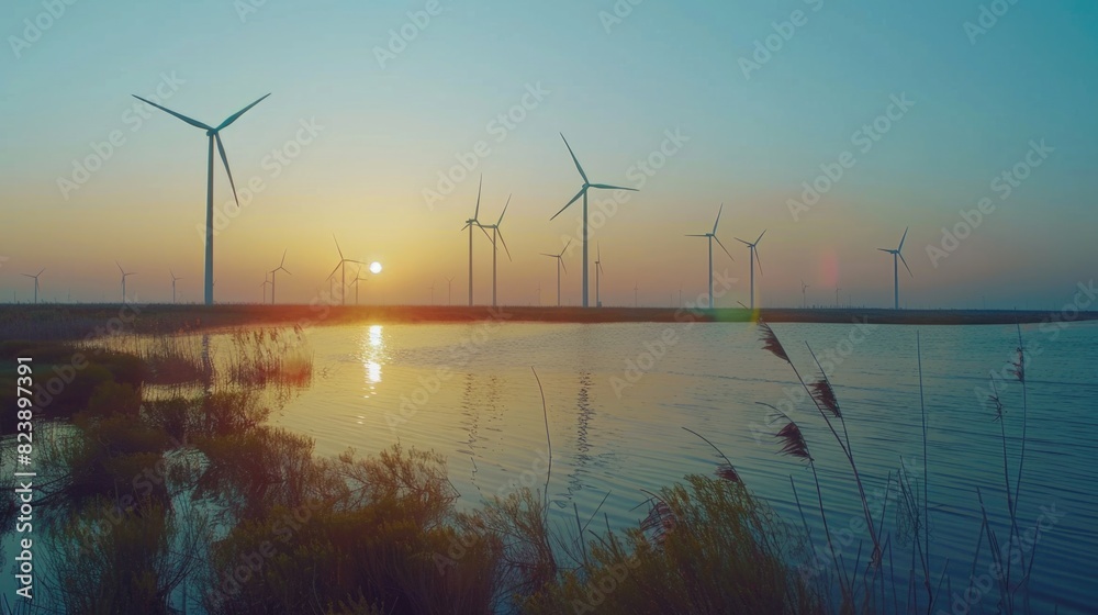 Poster a beautiful sunset over a tranquil lake with wind turbines in the background. suitable for environme