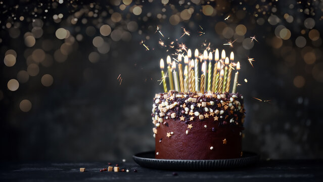 Chocolate fudge cake decorated with gold birthday candles