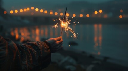 Person Holding Sparkler by Water - Powered by Adobe