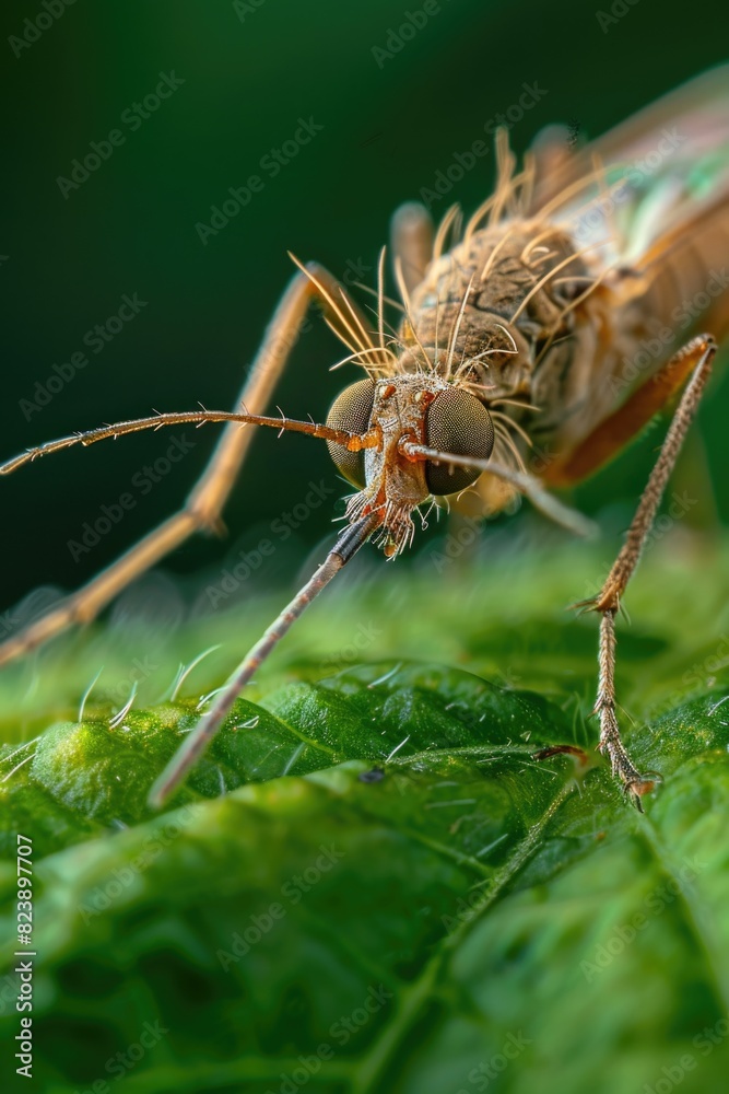 Poster detailed close up of a mosquito on a green leaf. suitable for nature and pest control concepts