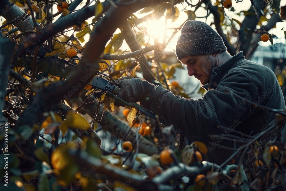 Poster A man using scissors to trim a tree branch. Suitable for gardening and landscaping themes
