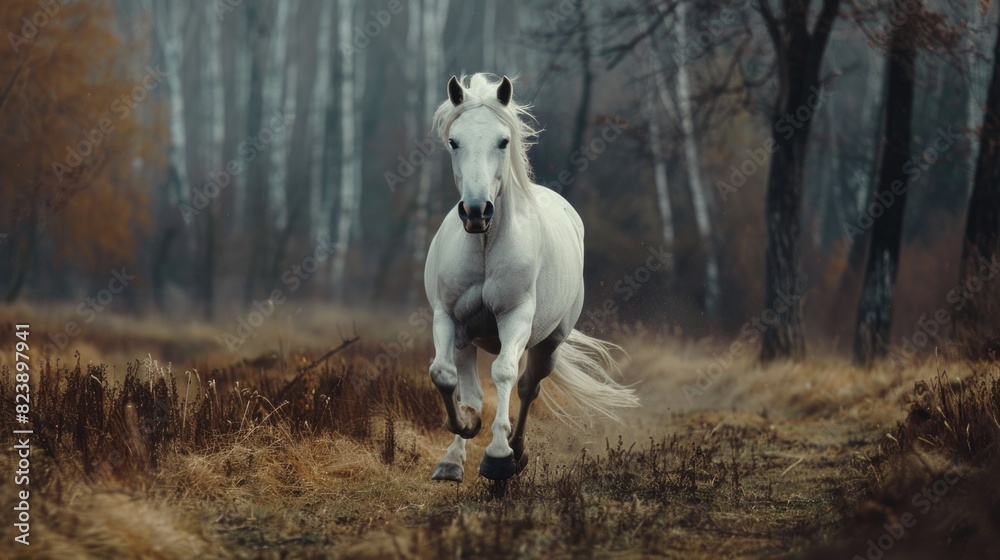 Sticker A beautiful white horse running in a field. Suitable for equestrian and nature themes