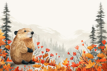 Illustration of a beaver in a field of orange foliage with mountains in the background.