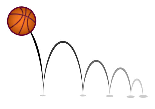 Bouncing ball, quadratic graph in physics. Projectile motion parabolic curve trace. Basketball ball movement. Sport, physics Vector illustration