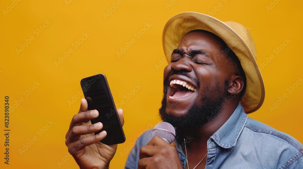 Poster A man performing with a microphone and cell phone, ideal for music or entertainment concepts