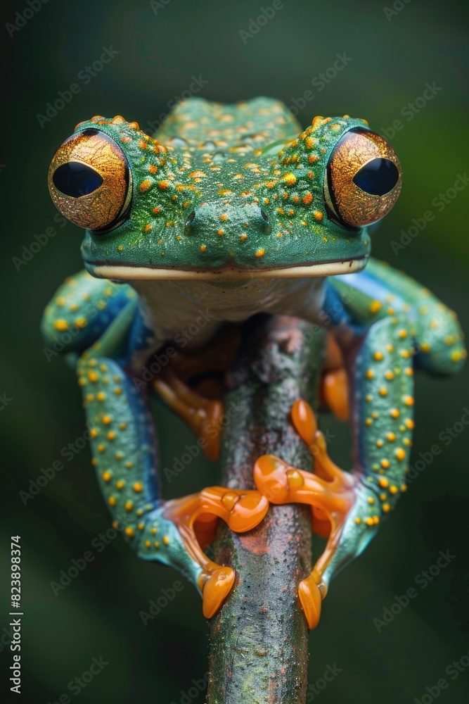 Poster close up of a frog on a branch. perfect for nature and wildlife projects