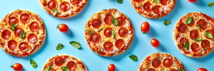 Pepperoni Pizza Arranged with Tomatoes and Basil in a Pattern on a Blue Background. Top view	