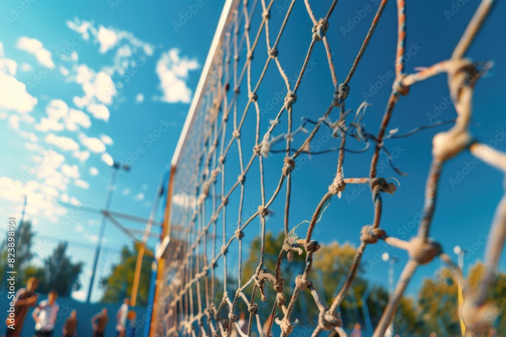 Poster A close-up shot of a net with people in the background. Suitable for various concepts